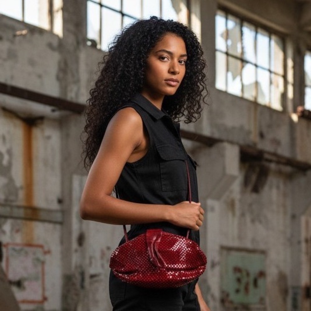 Vintage Lyrella 70s Red Metal Fish Scale Mesh Crescent Shoulder Bag Clutch